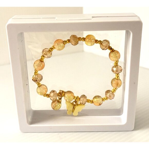 Yellow Beaded Stretch Bracelet Butterfly Charm in 3D Floating Frame Display Case - Picture 1 of 5